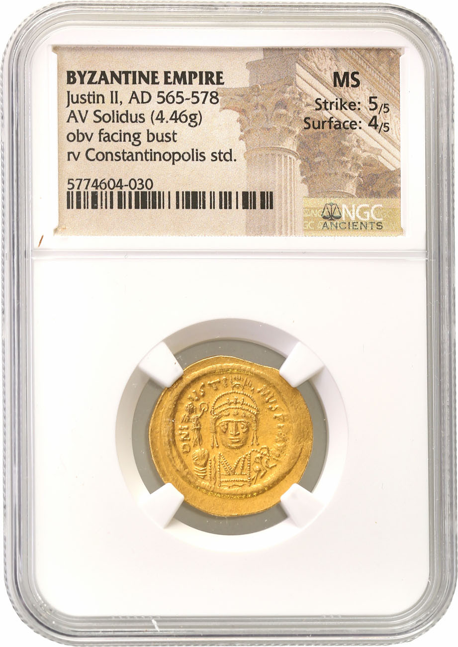 Bizancjum. Justin II (565-578). Solidus 567-578, Konstantynopol NGC MS 5/5 4/5